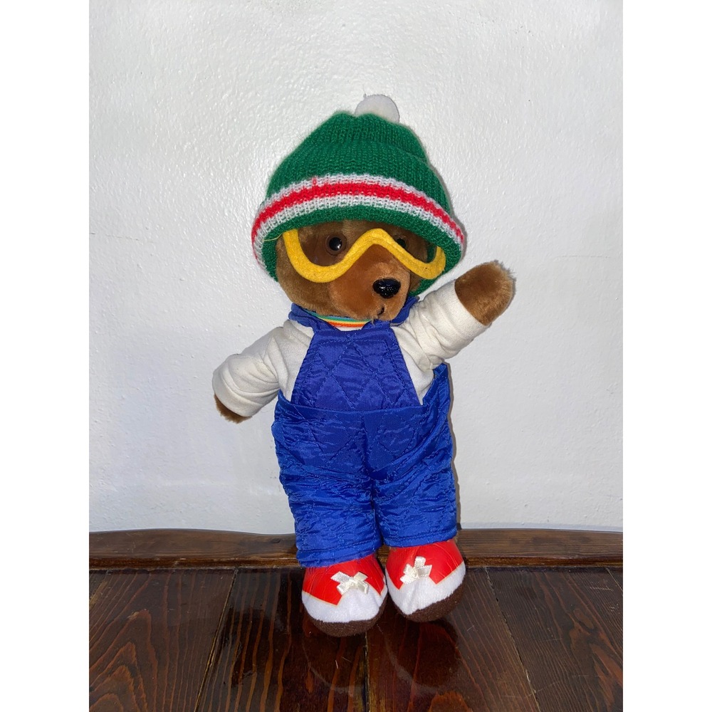 Vintage Retro Skiing Teddy Bear Plush Winter Goggles Beanie Overalls Collectible